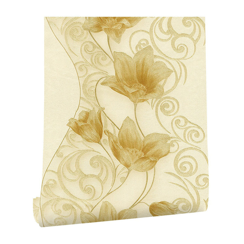 Gold Lotus Blossom Wallpaper Roll Stain Resistant Rustic Dining Room Wall Covering