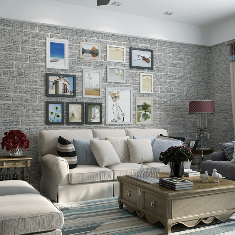 Construction Brick Wallpaper Roll Contemporary Flock Wall Covering in Dark Color