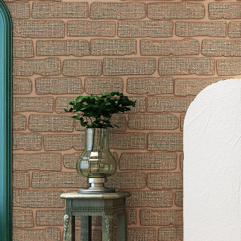 Construction Brick Wallpaper Roll Contemporary Flock Wall Covering in Dark Color