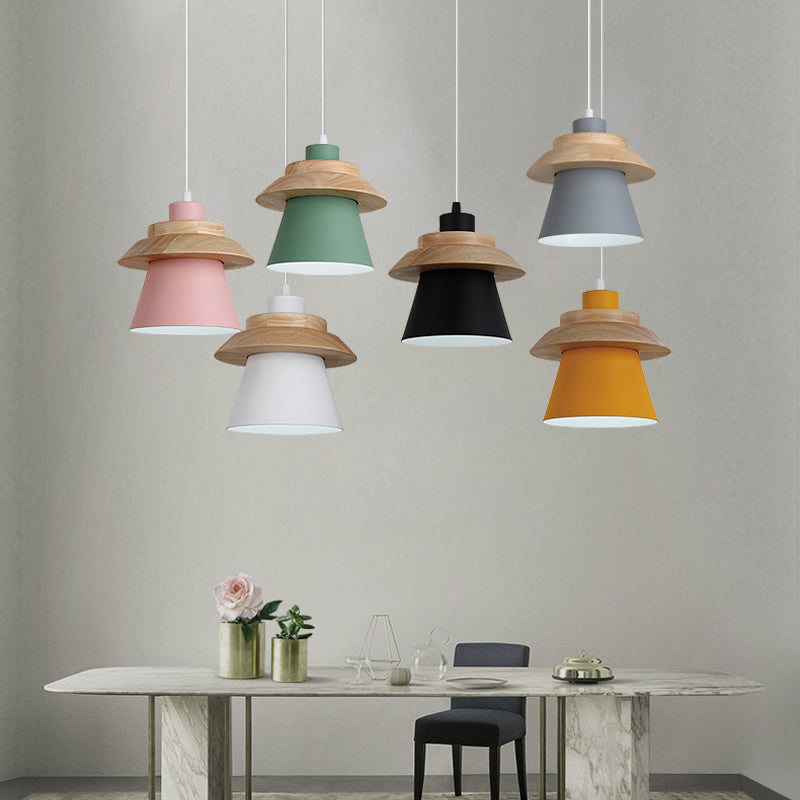 Coolie Shade Stairway Hanging Light with Wood Deco Metal 1 Light Asian Style Pendant Light