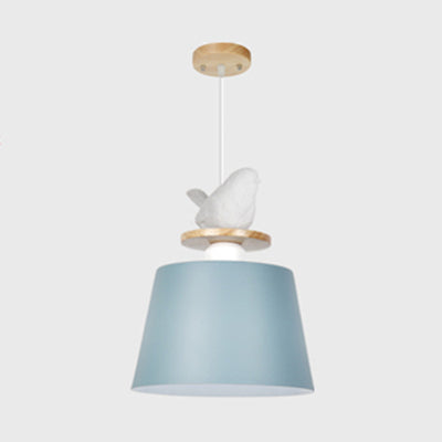 Aluminum Bucket Shade Hanging Light with Bird Deco 1 Bulb Macaron Pendant Lamp for Kid Bedroom