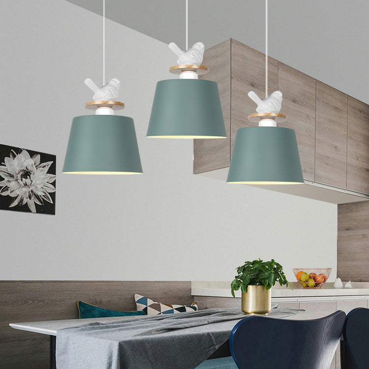 Aluminum Bucket Shade Hanging Light with Bird Deco 1 Bulb Macaron Pendant Lamp for Kid Bedroom