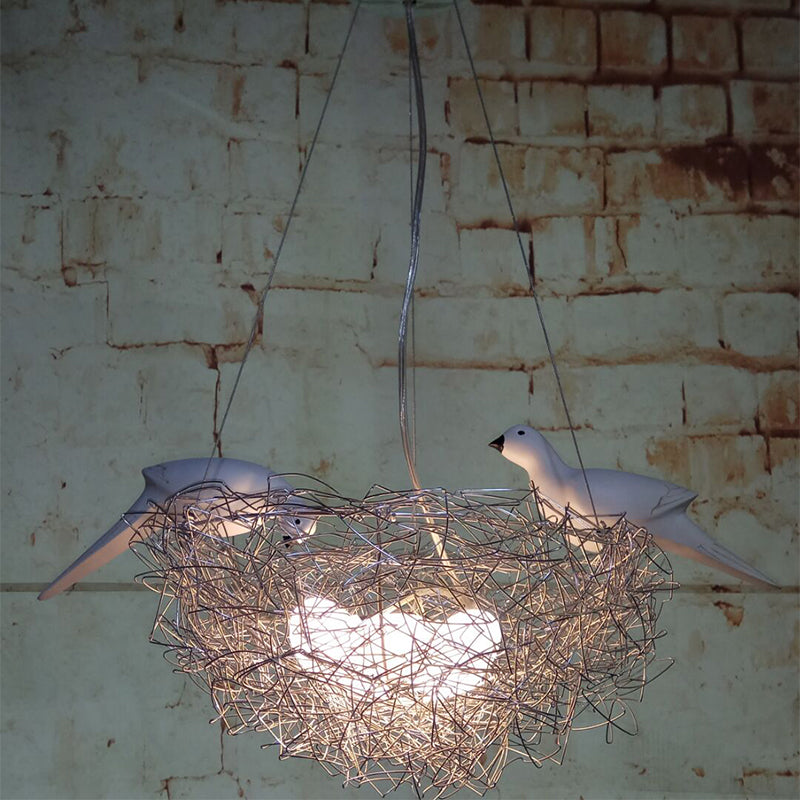 Aluminum Nest-Like Pendant Light Decorative Children Room LED Suspension Lamp with Bird Design in Silver