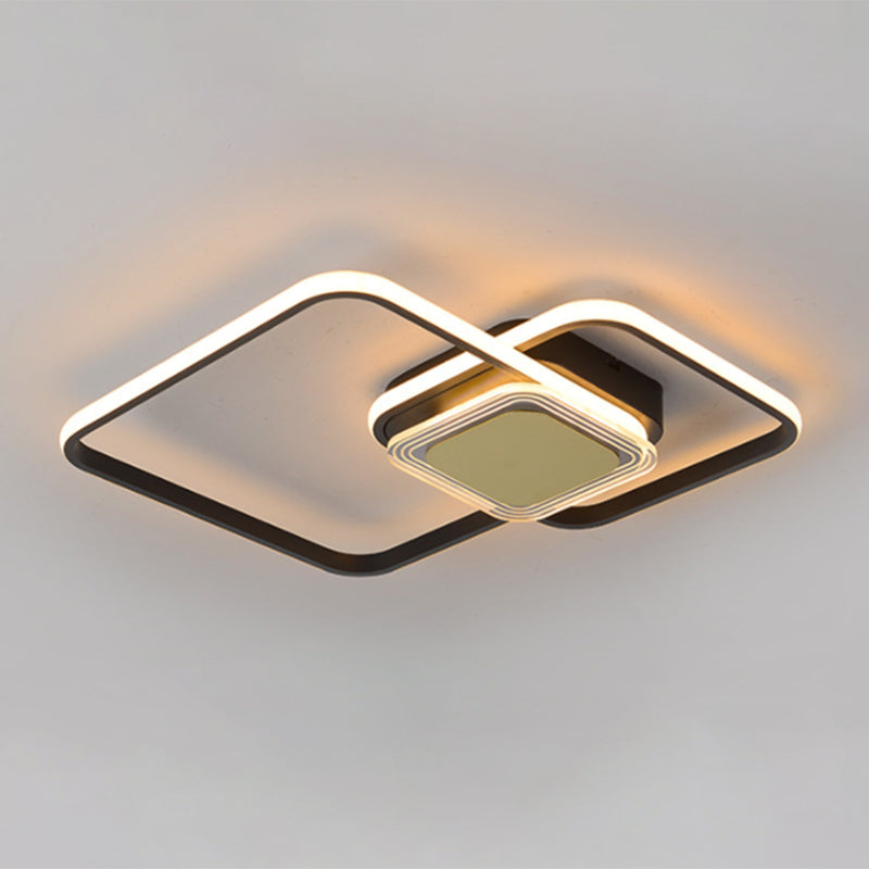 Zeitgenössische LED-Deckenleuchte mit 2-Rhombus-Rahmen aus Metall für die Unterputzmontage in Schwarz/Gold für Schlafzimmer