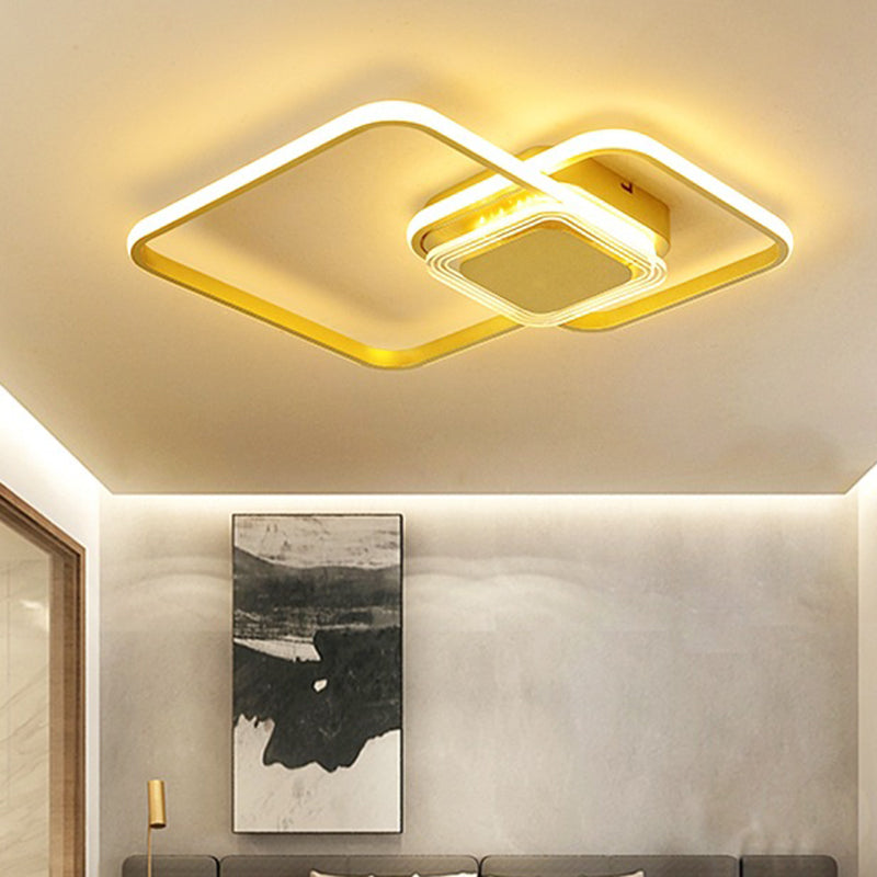 Zeitgenössische LED-Deckenleuchte mit 2-Rhombus-Rahmen aus Metall für die Unterputzmontage in Schwarz/Gold für Schlafzimmer
