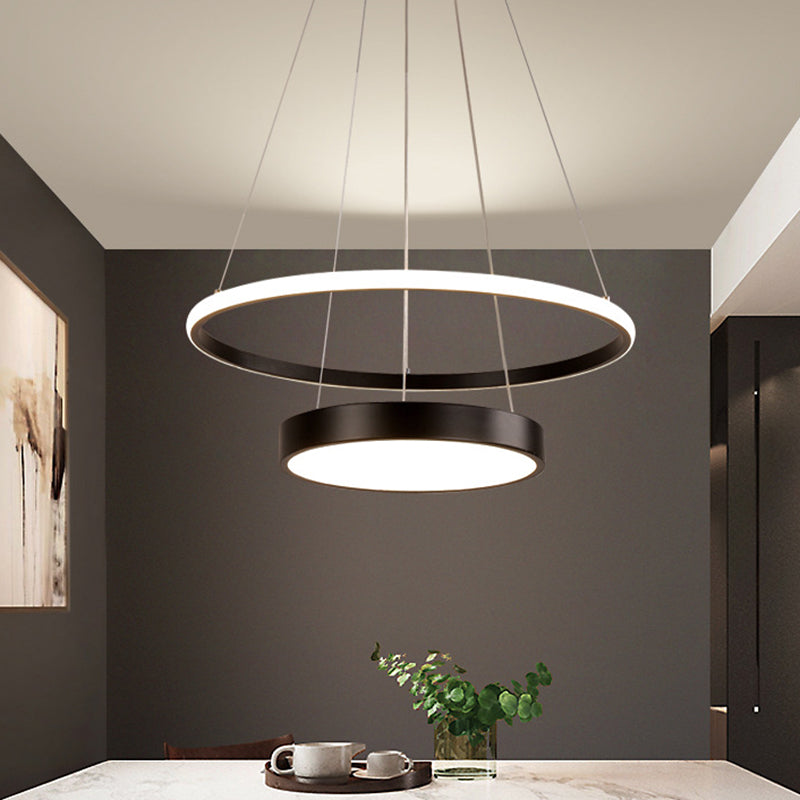 Iron 2-Tier Circular Ceiling Lamp Tiffany Black/Gold LED Hanging Chandelier for Dining Room, Warm/White Light