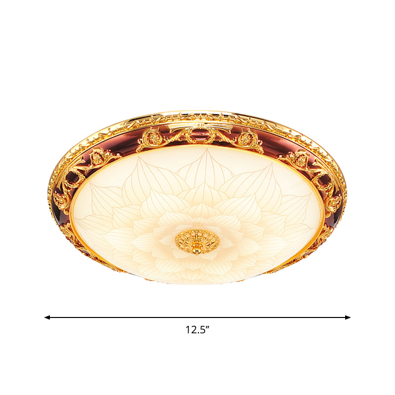 Gold LED Flush Ceiling Light Vintage Frosted Glass Bowl Flushmount Lighting with Blossom Pattern, 12.5"/15"/19" Width