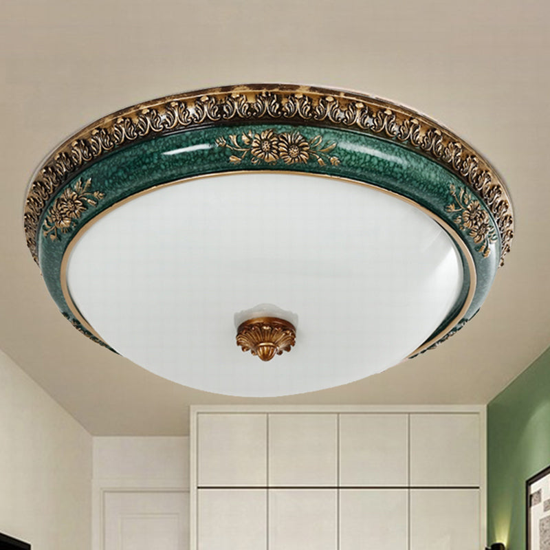Green LED Flush Ceiling Light Fixture Retro Opal Glass Bowl Flushmount for Bedroom, 14"/16"/19.5" W