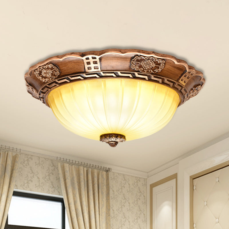Lampada da incasso per soffitto a LED in vetro lattiginoso con bordo smerlato marrone anticato, 14"/16"/19,5" W