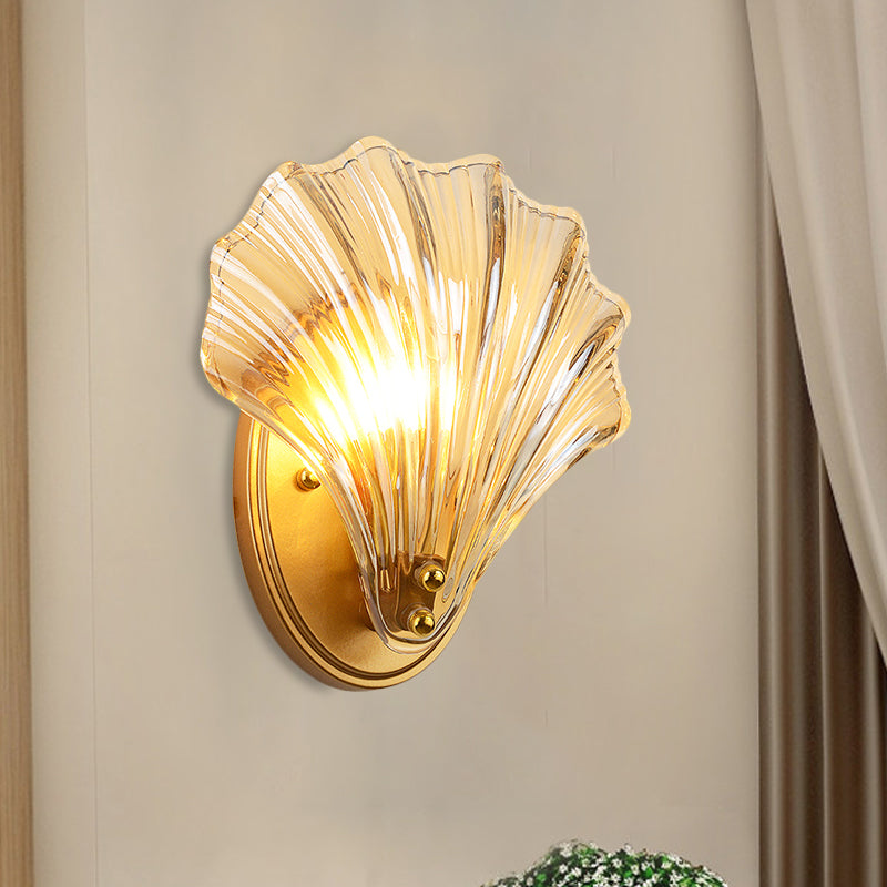 Lampada da parete a guscio a guscio singolo stile country in stile nero/oro fochi di illuminazione in vetro a costola