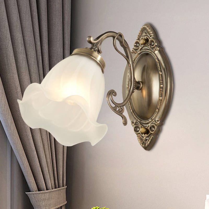Frosted White Glass Ruffle Sconce Light Traditional 1/2-Head Corner Wall Mount Light in Bronze/Copper