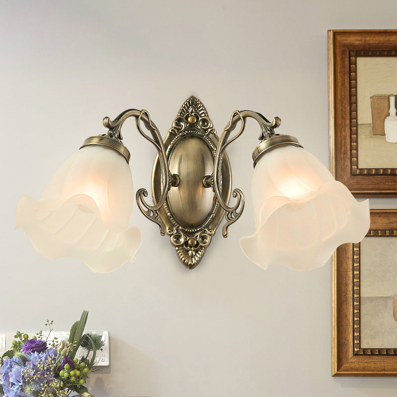 Frosted White Glass Ruffle Sconce Light Traditional 1/2-Head Corner Wall Mount Light in Bronze/Copper