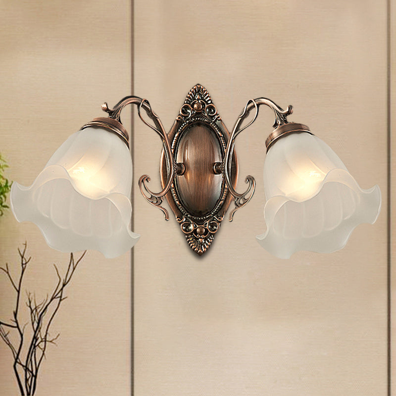 Frosted White Glass Ruffle Sconce Light Traditional 1/2-Head Corner Wall Mount Light in Bronze/Copper