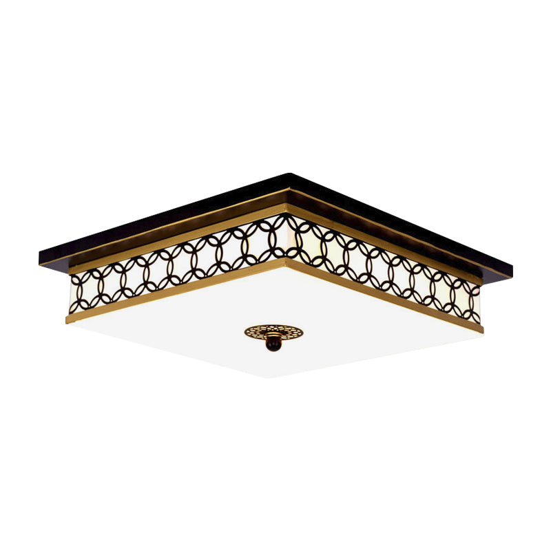 Milchiges Glas quadratisches Flush Licht Traditionelle LED Salon Deckenbefestigung in Schwarz und Gold