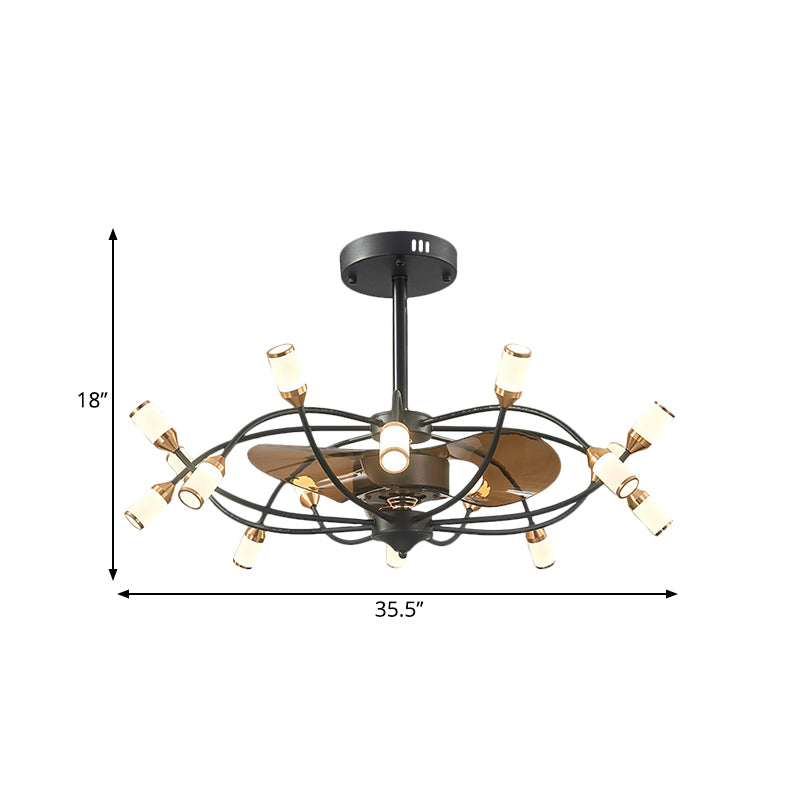 Gebogener Arm Metallic Semi Flush Mount zeitgenössische 16-köpfige 35,5-Zoll-schwarze Lüfterlicht mit 3 braunen Klingen