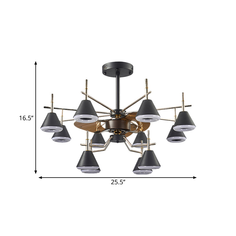 25.5 "brede kegel semi-spoelmontage Modernistische metalen metallic 12-lichte zwarte 3-blade hanglamp ventilatorlamp