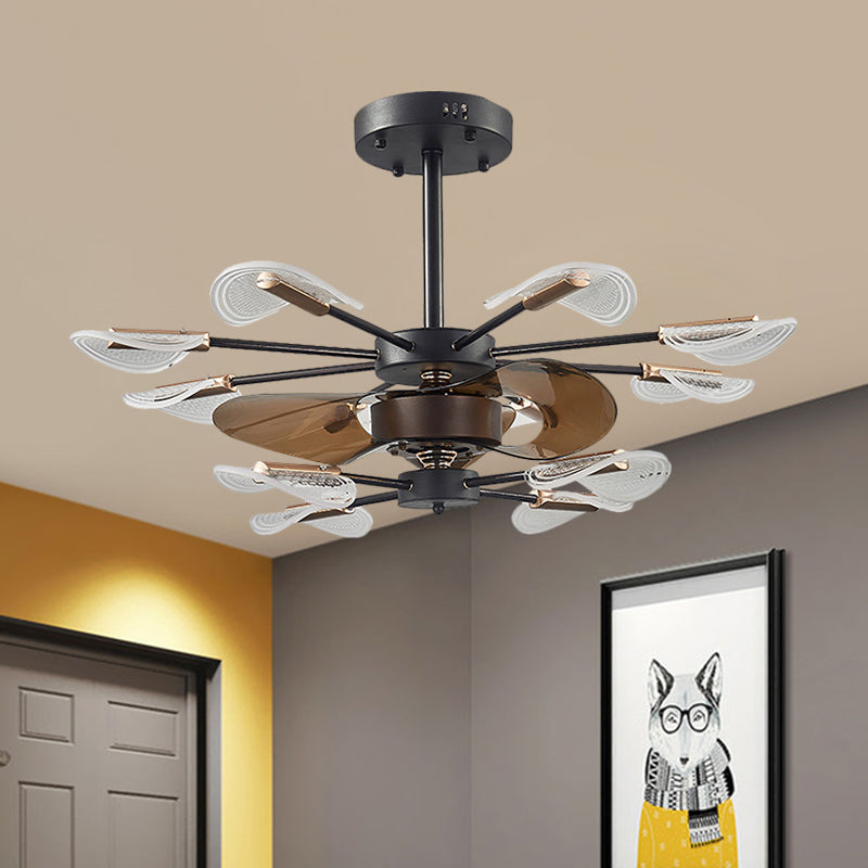 Moderne Cattail Leaf Halbflush-Beleuchtung Acryl 10 Lichter Schlafzimmer 3-Blade-Lüfterlampe in Schwarz, 35,5 "breit