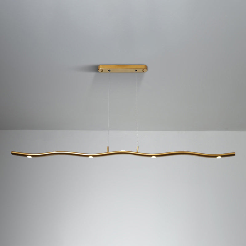 Gold/Wood Waving Line Suspension Light Simple LED Metallic Ceiling Chandelier in Warm/White Light