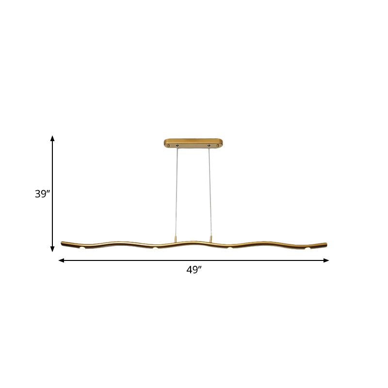 Gold/Wood Waving Line Suspension Light Simple LED Metallic Ceiling Chandelier in Warm/White Light