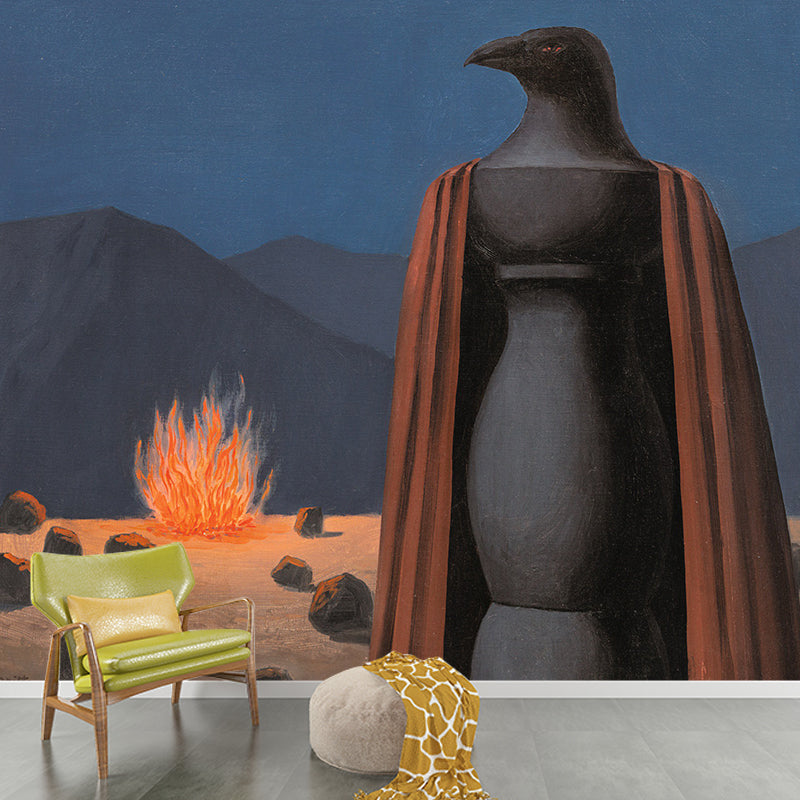 Wildfire Eagle Sculpture Art Murals Surrealism Non-Woven Fabric Wall Covering in Red-Blue