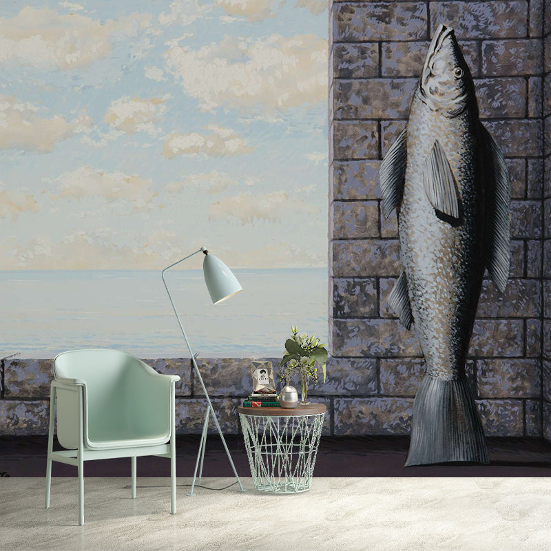 Surrealism Fish Wall Mural Decal for Living Room Customized Wall Art in Grey and Blue