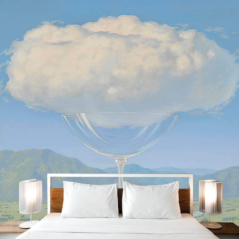 Surreal Glass of Cloud Mural Decal Blue and White Bedroom Wall Covering, Made to Measure