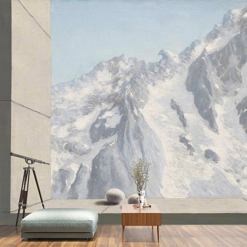 Grey-White Snow Mountain Mural Wallpaper Stain Resistant Wall Art for Living Room