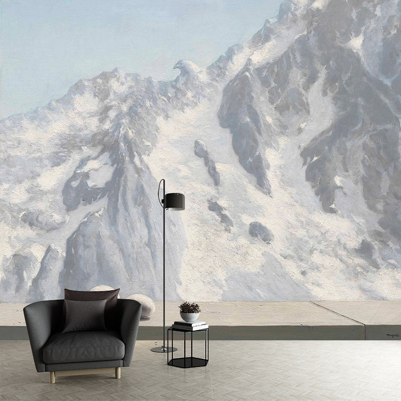Grey-White Snow Mountain Mural Wallpaper Stain Resistant Wall Art for Living Room