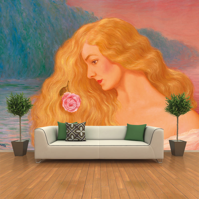 Surrealism Girls Mural Wallpaper with Rene Magritte Blonde Women Painting Brown Wall Decor