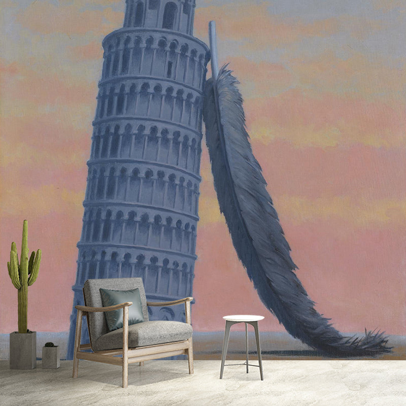 Large Scenery Wall Mural Decal for Bedroom Feather and Leaning Tower of Pisa Wall Decor, Orange-Blue, Washable
