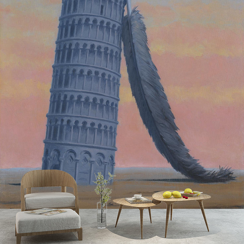 Large Scenery Wall Mural Decal for Bedroom Feather and Leaning Tower of Pisa Wall Decor, Orange-Blue, Washable