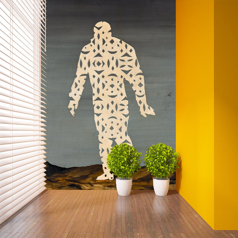 Surreal Paper-Cut Man Murals in Grey-Yellow Living Room Wall Decoration, Made to Measure