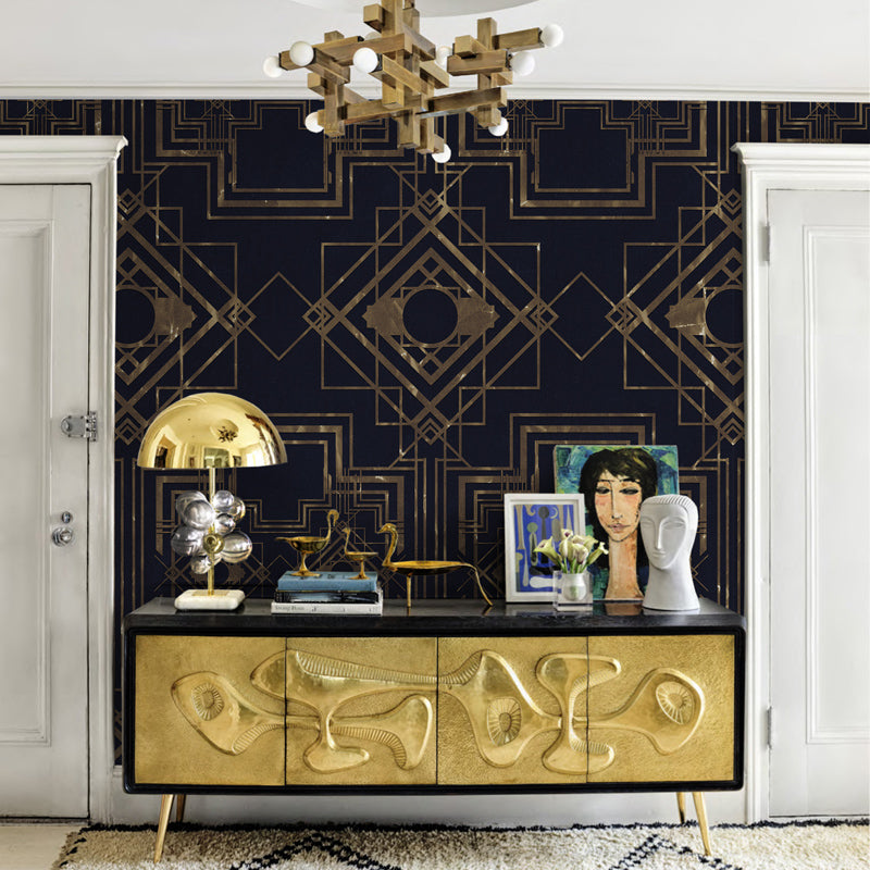 Contemporary Geometric Wall Mural Decal for Living Room Customized Wall Covering in Dark Color