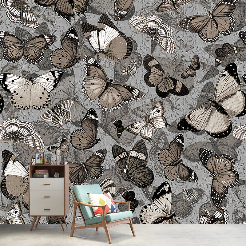 Dark Color Butterflies Mural Wallpaper Moisture Resistant Wall Decor for Living Room