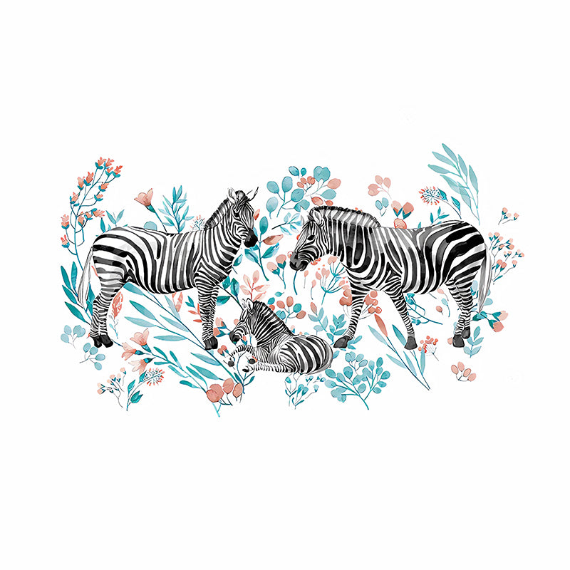 Stylish Zebra Wall Paper Murals Multicolored Flowers Wall Covering on White for Bedroom
