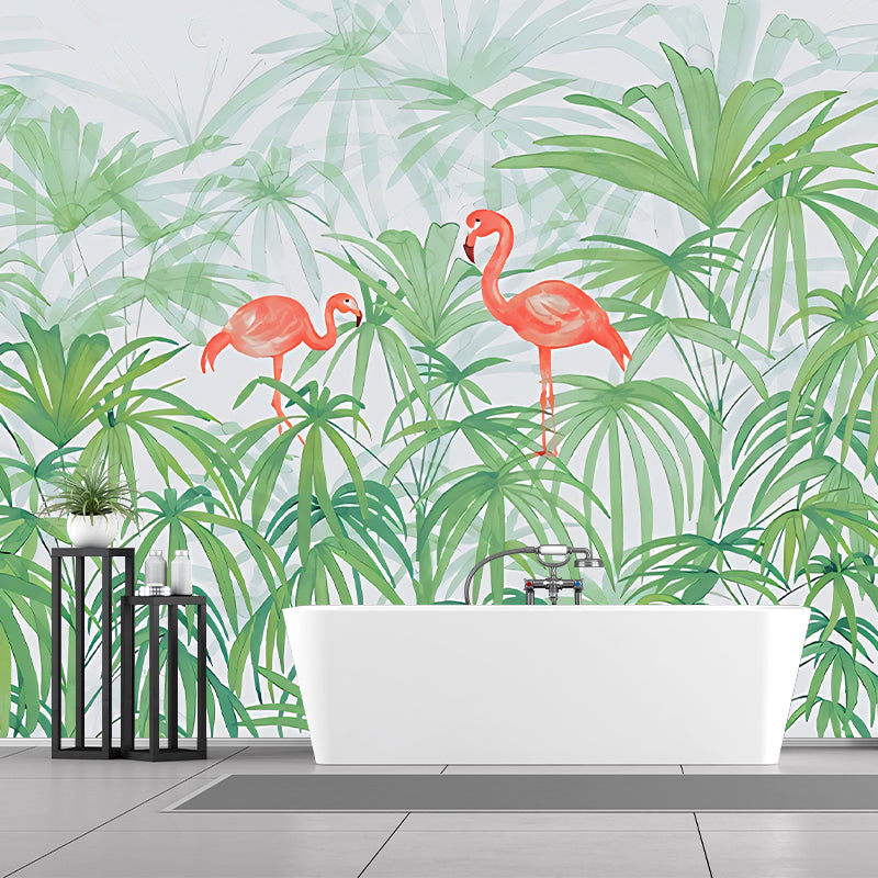 Plants Flamingo Murals Decal Tropical Non-Woven Fabric Wall Art in Green for Bedroom