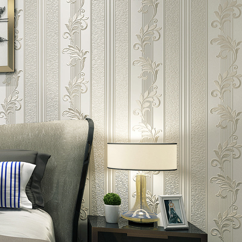 Retro Embroidered Leaf Wallpaper Roll Light-Color Stripe Wall Art for Living Room