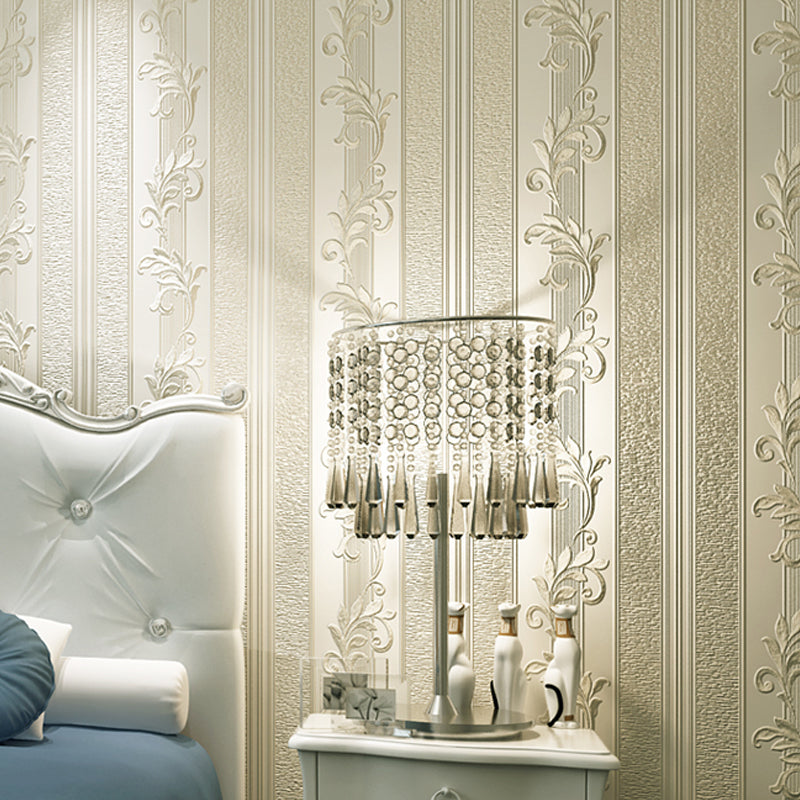 Retro Embroidered Leaf Wallpaper Roll Light-Color Stripe Wall Art for Living Room