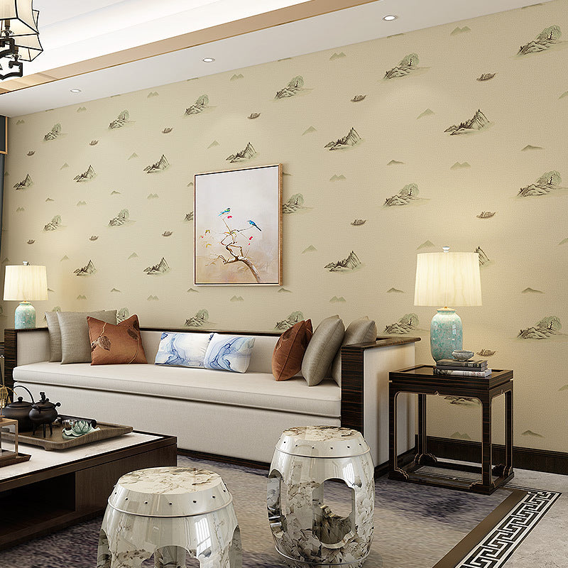 Chinese Ink Painting Hills Wallpaper Light-Color Moisture Resistant Wall Covering for Bedroom