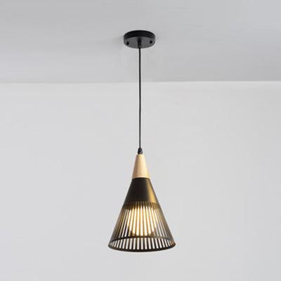 Modern Wood Finish Pendant Light with Cone Shade Hollow Design Metal Hanging Lamp for Restaurant