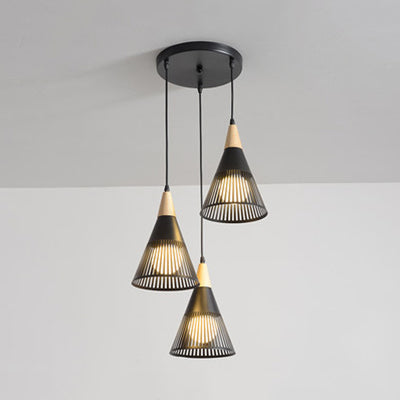 Modern Wood Finish Pendant Light with Cone Shade Hollow Design Metal Hanging Lamp for Restaurant