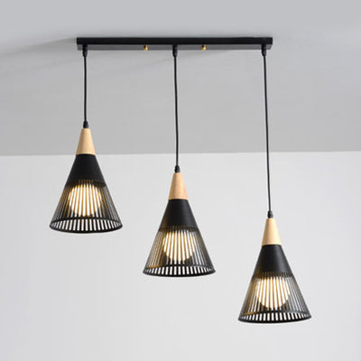 Modern Wood Finish Pendant Light with Cone Shade Hollow Design Metal Hanging Lamp for Restaurant