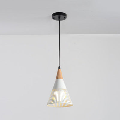 Modern Wood Finish Pendant Light with Cone Shade Hollow Design Metal Hanging Lamp for Restaurant