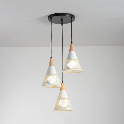 Modern Wood Finish Pendant Light with Cone Shade Hollow Design Metal Hanging Lamp for Restaurant