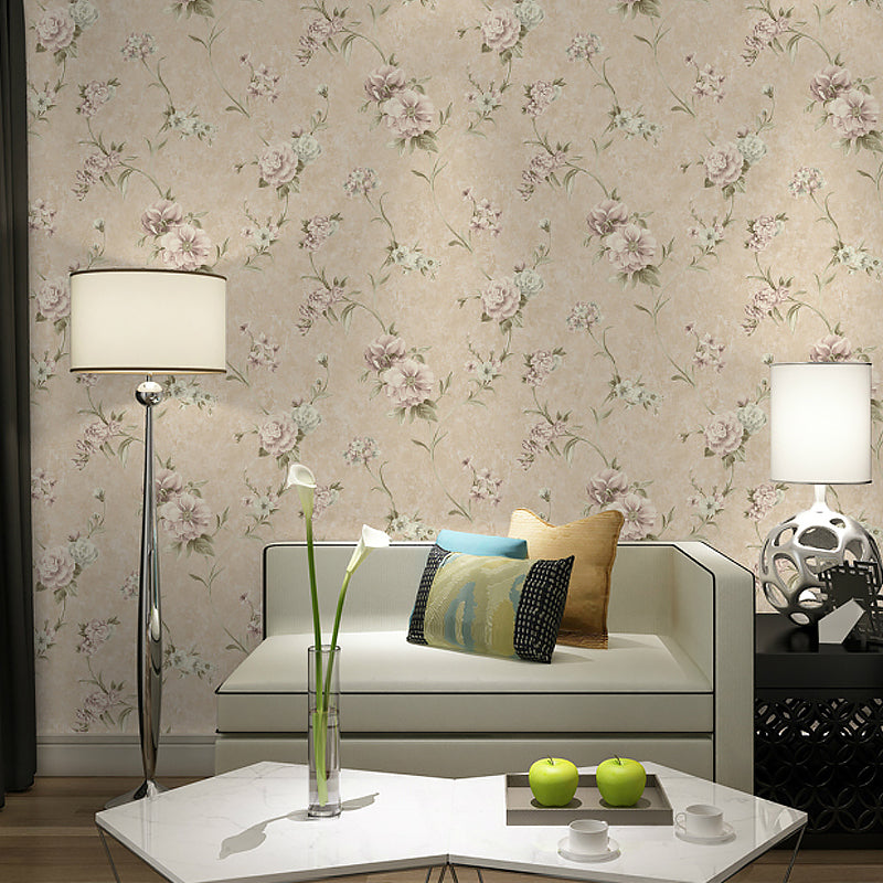 Rustic Flower Blossom Wallpaper Roll Pastel Color Stain Resistant Wall Art for Living Room