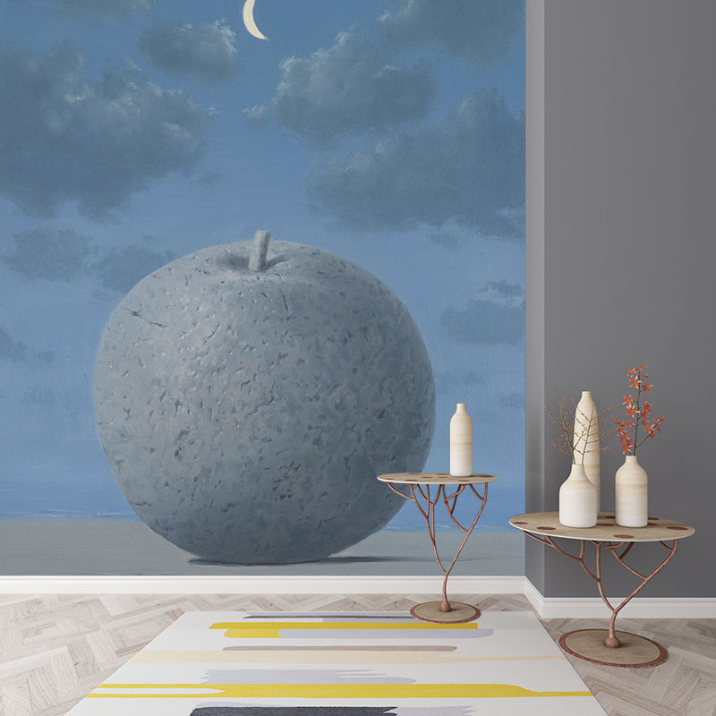 Customized Illustration Surreal Murals Wallpaper with Giant Apple Under Moon Night Sky Pattern in Grey-Blue
