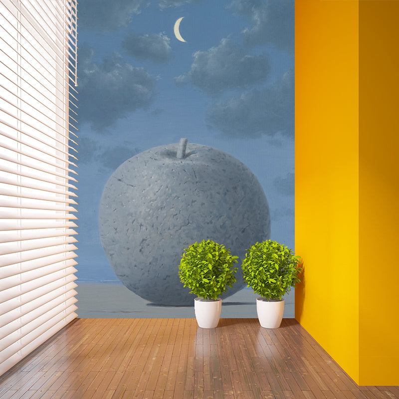 Customized Illustration Surreal Murals Wallpaper with Giant Apple Under Moon Night Sky Pattern in Grey-Blue