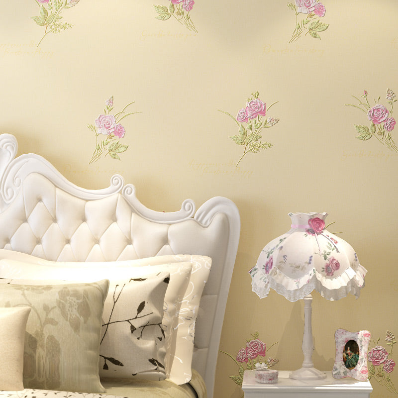 Beautiful Rose Embroidered Wallpaper for Bedroom Decoration, Pink-Beige, 54.2-sq ft