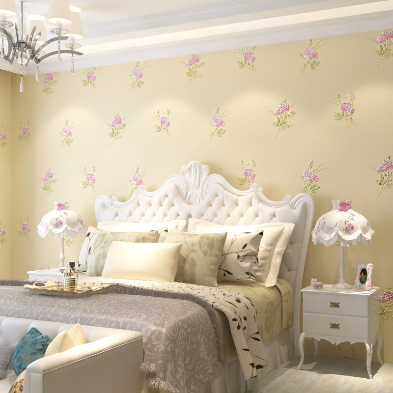 Beautiful Rose Embroidered Wallpaper for Bedroom Decoration, Pink-Beige, 54.2-sq ft