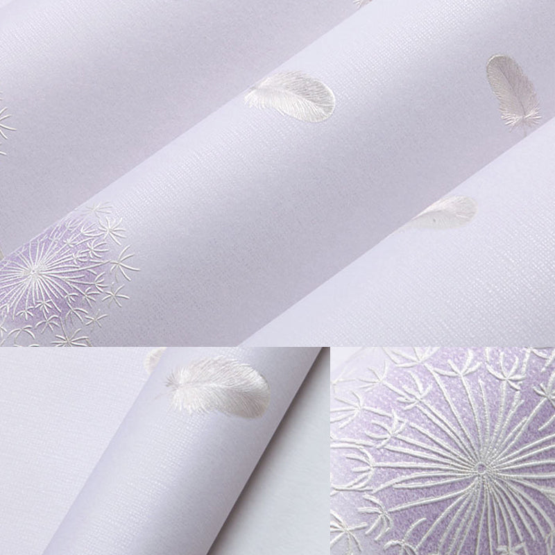 Rustic Girls Wallpaper Roll with Feather and Dandelion Pattern Soft-Color Wall Art
